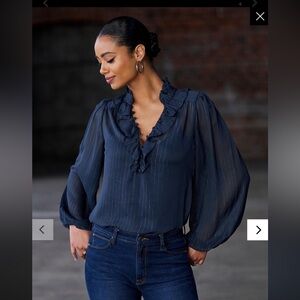NWOT. Boston Proper Shimmer Detail Ruffle Peasant Blouse, Size S in Navy Blue.